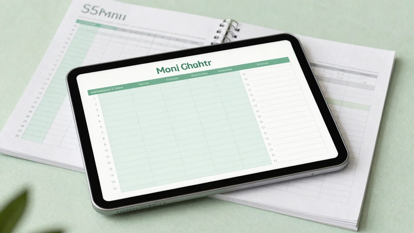 Clean overhead product mockup of a monthly budget planner shown o