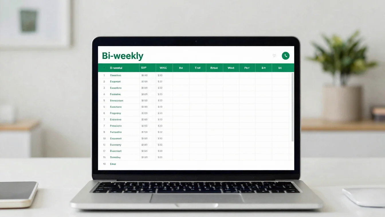 Close product view of a bi-weekly budget spreadsheet on a laptop