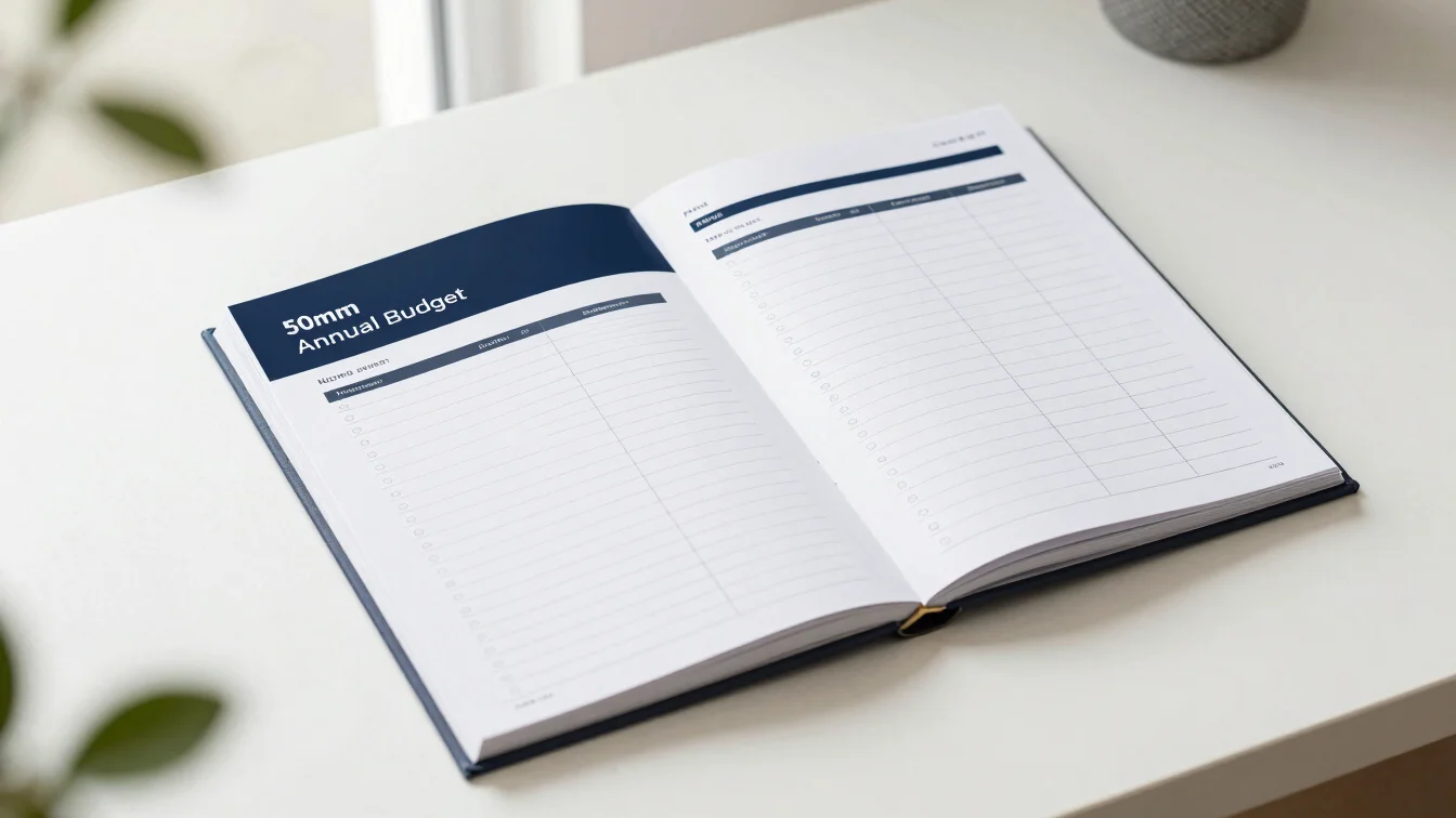 Overhead studio mockup of an annual budget planner open on a desk