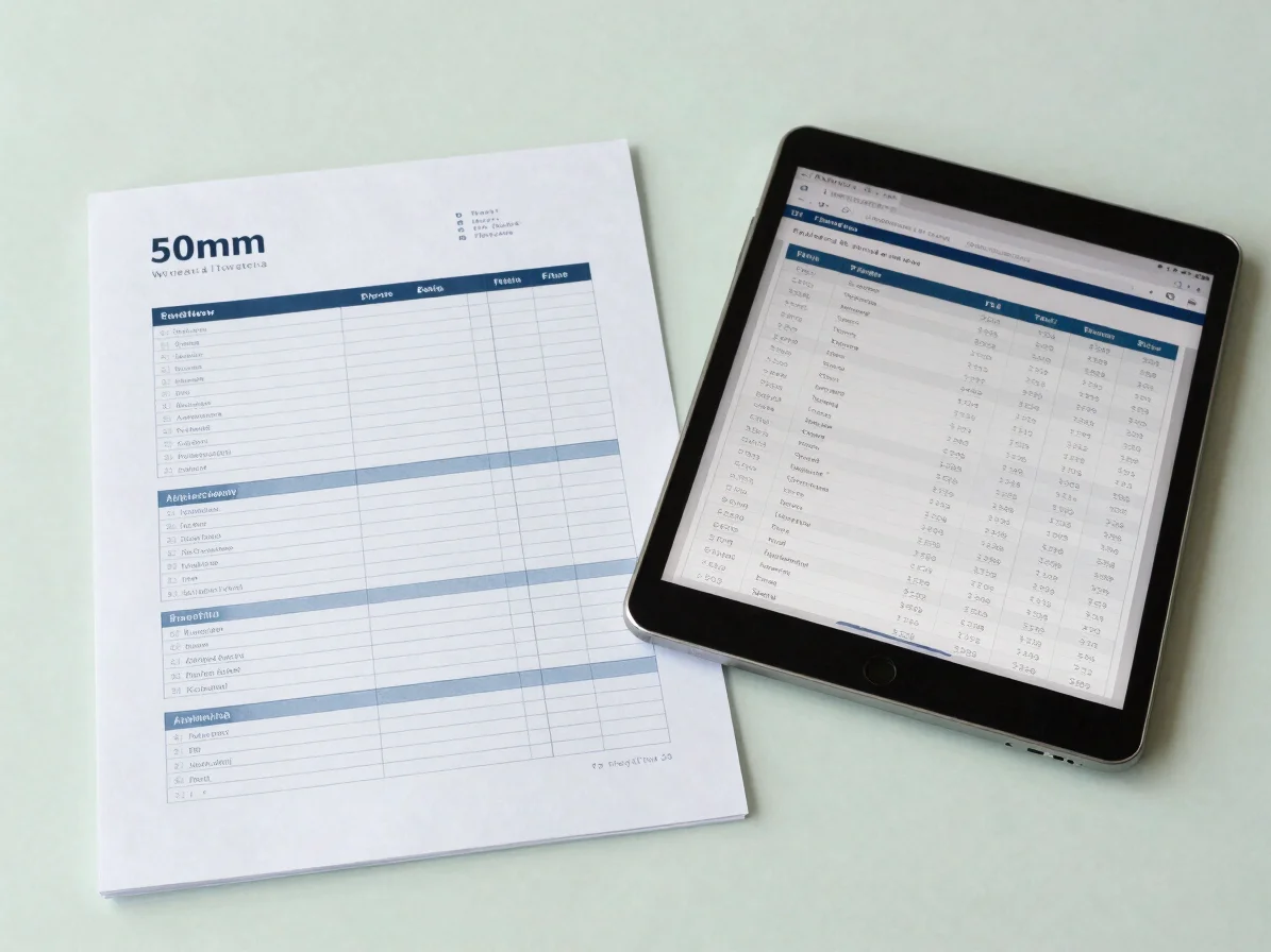 Overhead view of a printed budget PDF page beside a tablet displa