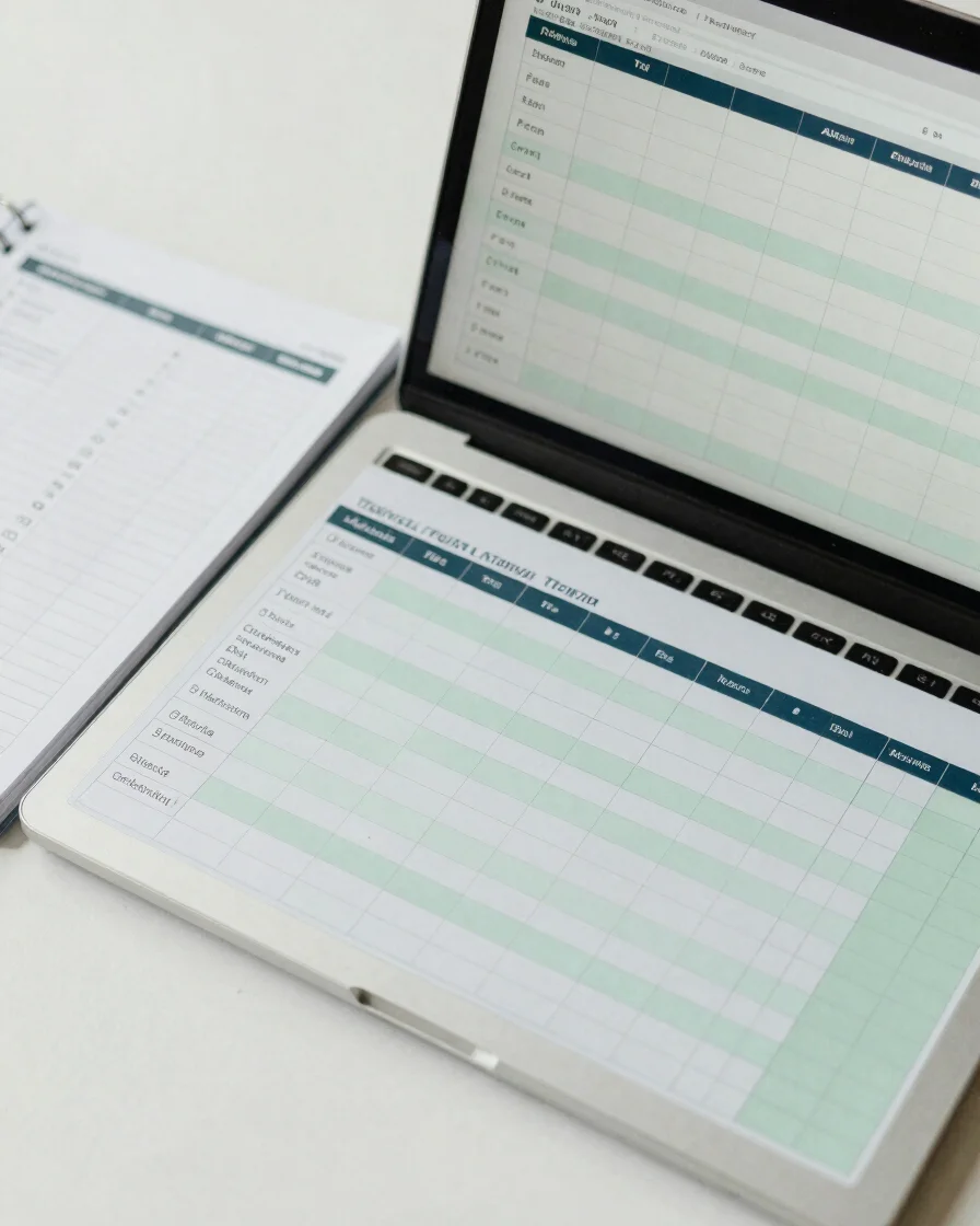 Close-up overhead view of a spreadsheet budget grid on a laptop screen beside a printed monthly planner page, soft diffu